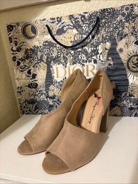 Penny Loves Kenny Taupe Suede Open-Toe Block Heels